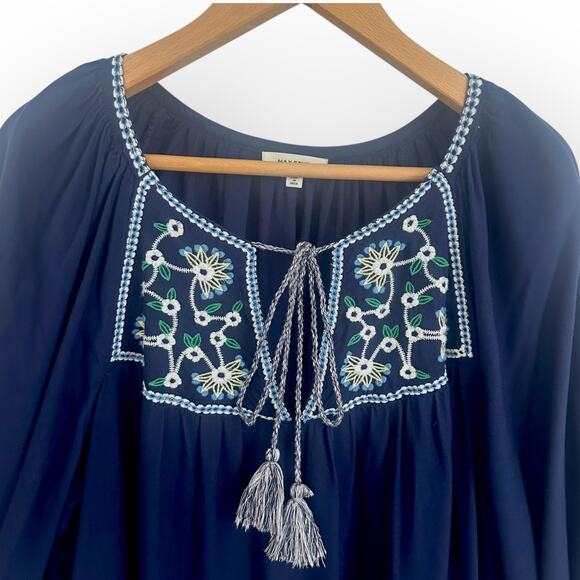 Max Studio Embroidered Peasant Dress Size XL Navy Blue Boho Oversized Tassel - Picture 4 of 11